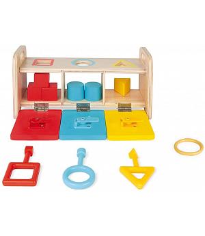 Janod 5065 - Essentiel - la Caja de Llaves - Juego Educativo de Madera para niños pequeños 2 en 1 - Aprender Las Formas y los Co